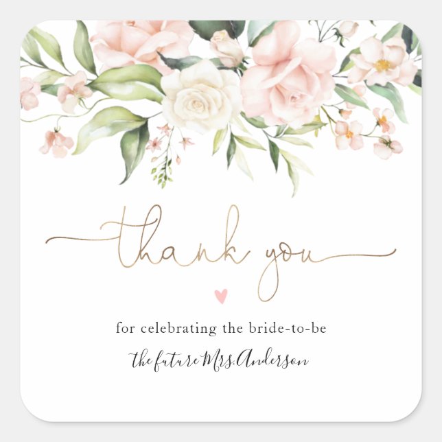 Blush and Greenery Bridal Shower Thank You Square Sticker (Front)