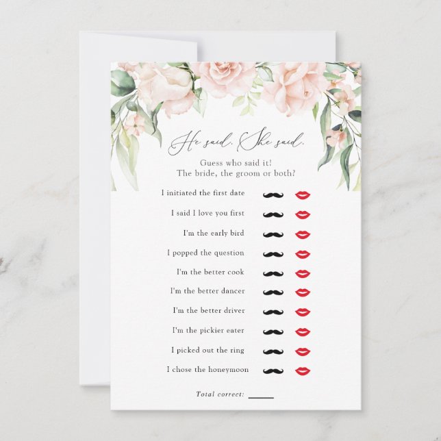 Blush and Greenery He said, She said Shower Game Invitation (Front)