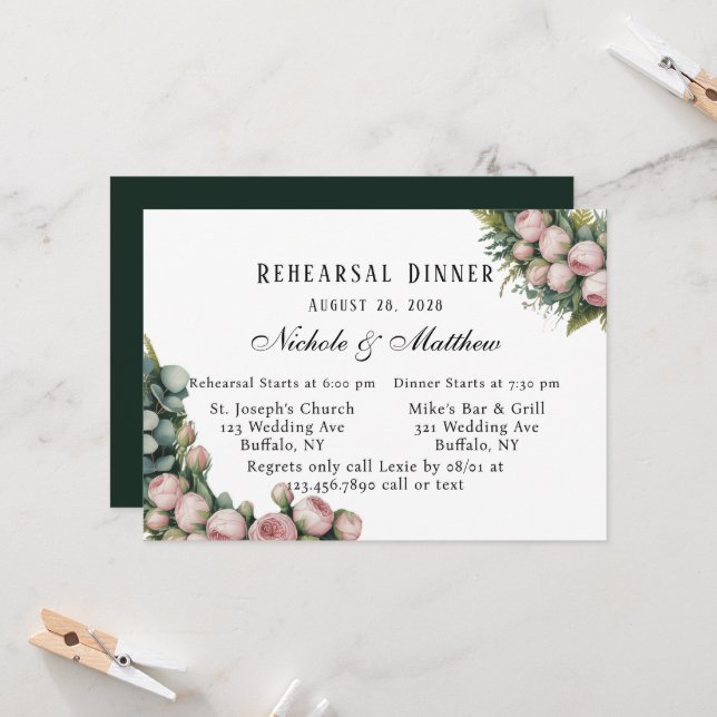 Blush and Greenery Rehearsal Dinner Invitation (Front/Back In Situ)