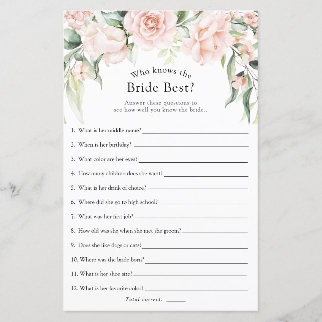 Blush and Greenery Who Knows the Bride Best Game (Front)