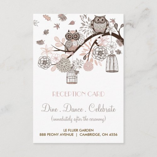 Blush and Grey Owls Wedding Reception Card