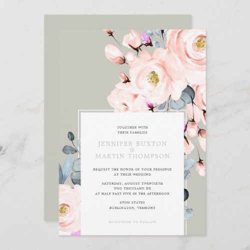 Blush and Grey Watercolor Floral Wedding Invitation