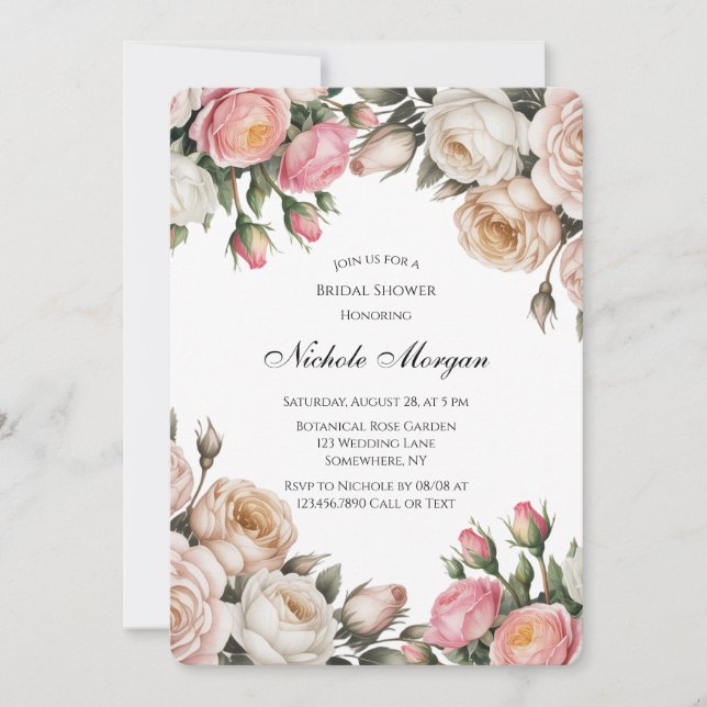 Blush and Ivory Rose Floral Bridal Shower Invitation (Front)