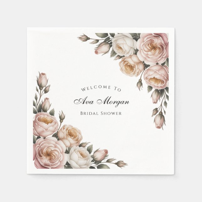 Blush and Ivory Rose Floral Bridal Shower Napkins (Front)