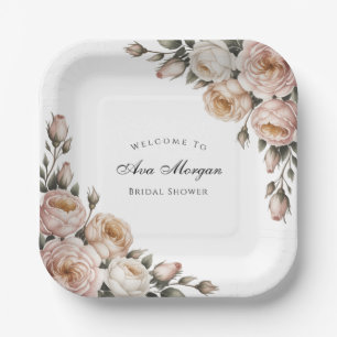 Blush and Ivory Rose Floral Bridal Shower Paper Plates