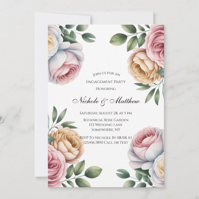 Blush and Ivory Rose Floral Engagement Party Invitation (Front)