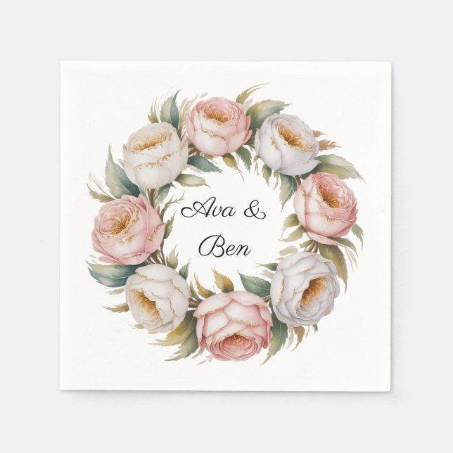 Blush and Ivory Rose Floral Wreath Wedding Napkins (Front)