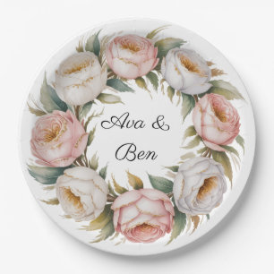 Blush and Ivory Rose Floral Wreath Wedding Paper Plates
