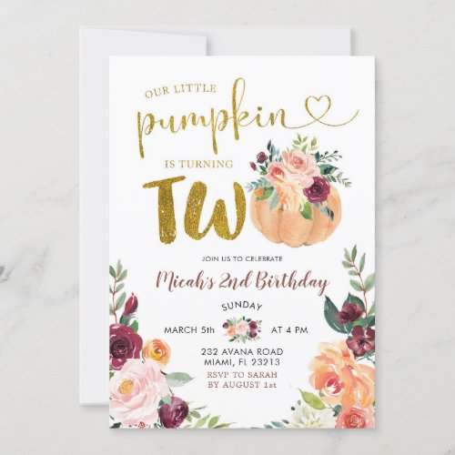 Blush and Marsala Pumpkin Floral Second Birthday I Invitation