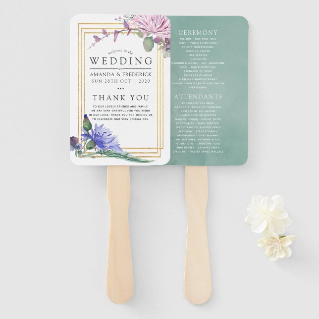 Blush and Mint Floral Geometric Wedding Program Hand Fan (Front and Back)