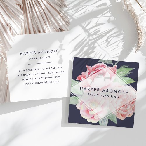Blush and Navy Antique Peony Geometric Square Business Card