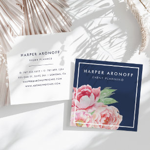 Blush and Navy Antique Peony Square Square Business Card