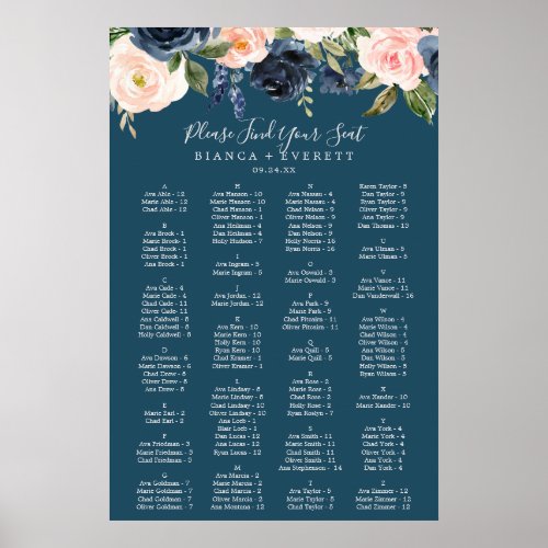 Blush and Navy Blue Alphabetical Seating Chart
