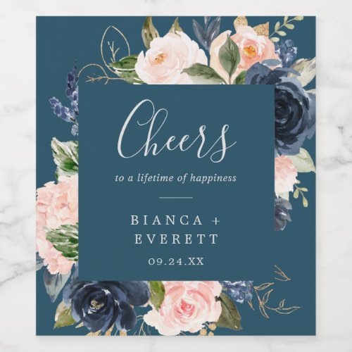 Blush and Navy Blue Cheers Wedding Wine Labels