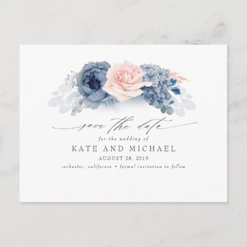 Blush and Navy Blue Floral Boho Save the Date Postcard