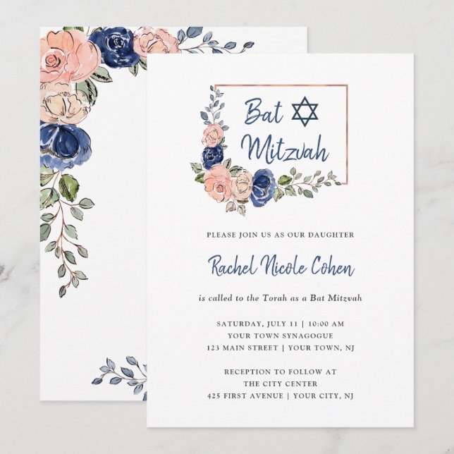 Blush and Navy Blue Floral Geometric | Bat Mitzvah Invitation (Front/Back)