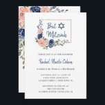 Blush and Navy Blue Floral Geometric | Bat Mitzvah Invitation<br><div class="desc">These trendy and stylish Bat Mitzvah invitations feature hand drawn flowers in navy blue and blush pink watercolors. Plenty of botanical green leaves and foliage decorate the bouquets. There is also a faux rose gold look rectangular geometric frame and modern handwritten script with a blue Star of David.</div>