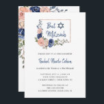 Blush and Navy Blue Floral Geometric | Bat Mitzvah Invitation<br><div class="desc">These trendy and stylish Bat Mitzvah invitations feature hand drawn flowers in navy blue and blush pink watercolors. Plenty of botanical green leaves and foliage decorate the bouquets. There is also a faux rose gold look rectangular geometric frame and modern handwritten script with a blue Star of David.</div>