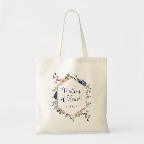 Blush and Navy Blue Floral  Matron of Honor Tote Bag