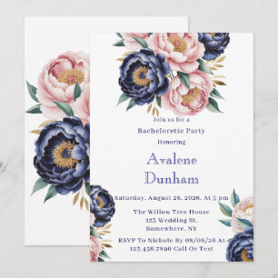 Blush and Navy Blue Peony Bachelorette Party Invitation