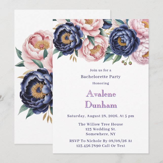 Blush and Navy Blue Peony Bachelorette Party Invitation (Front/Back)