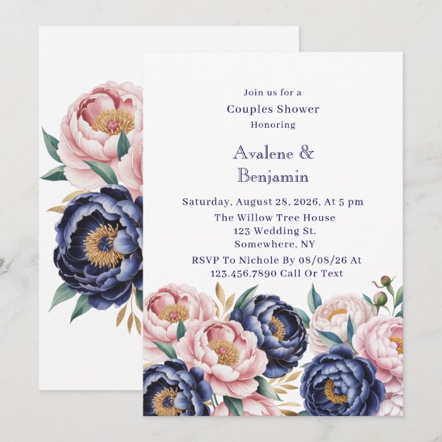 Blush and Navy Blue Peony Couples Shower Invitation (Front/Back)