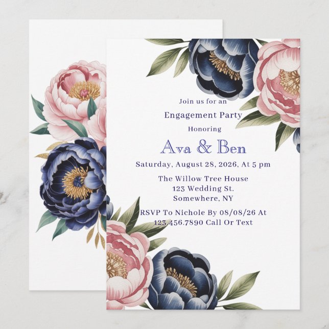 Blush and Navy Blue Peony Engagement Party Invitation (Front/Back)
