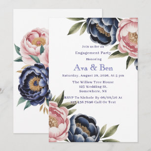 Blush and Navy Blue Peony Engagement Party Invitation