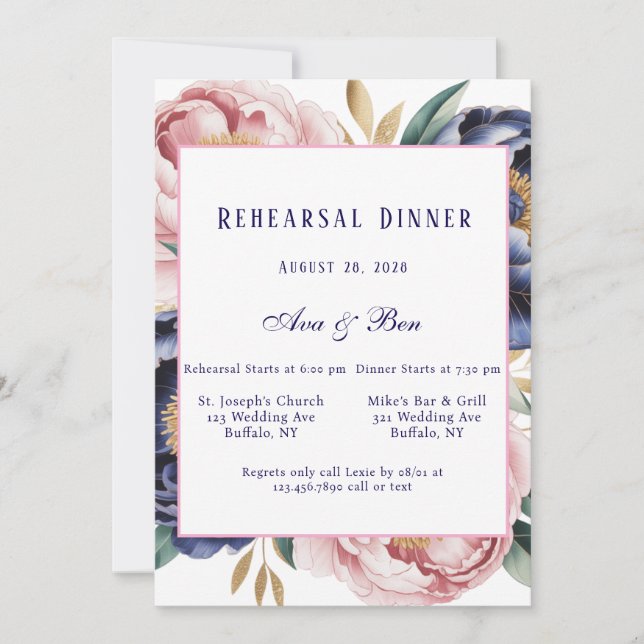 Blush and Navy Blue Peony Rehearsal Dinner Invitation (Front)