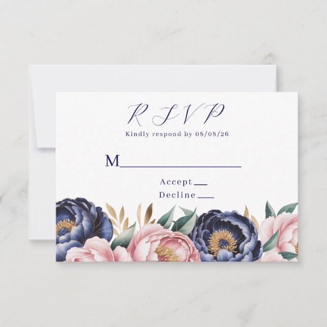 Blush and Navy Blue Peony Wedding  RSVP Card (Front)