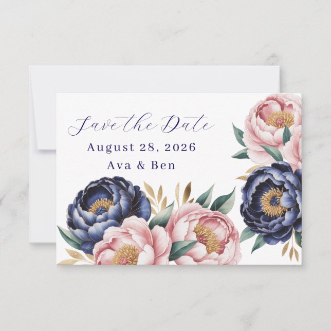 Blush and Navy Blue Peony Wedding Save the Date (Front)