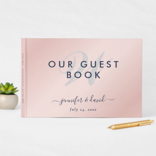 Blush and Navy Blue Script Monogram Wedding Guest Book