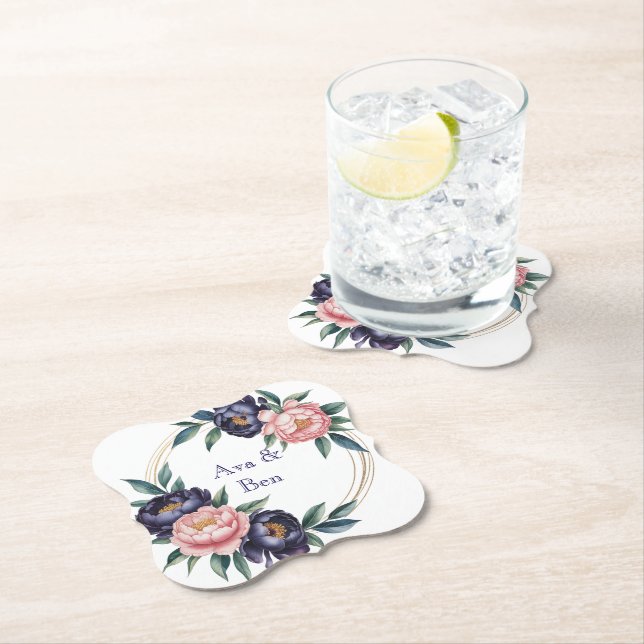 Blush and Navy Blue Wedding Paper Coaster (Insitu)