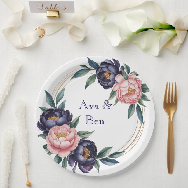 Blush and Navy Blue Wedding Paper Plates (Wedding)