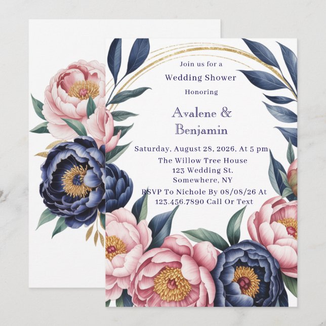 Blush and Navy Blue Wedding Shower Invitation (Front/Back)