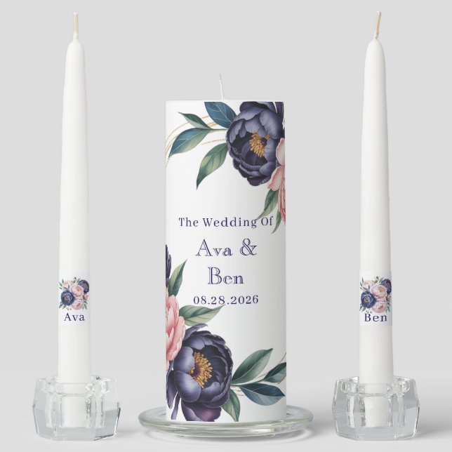 Blush and Navy Blue Wedding Unity Candle Set (Front)