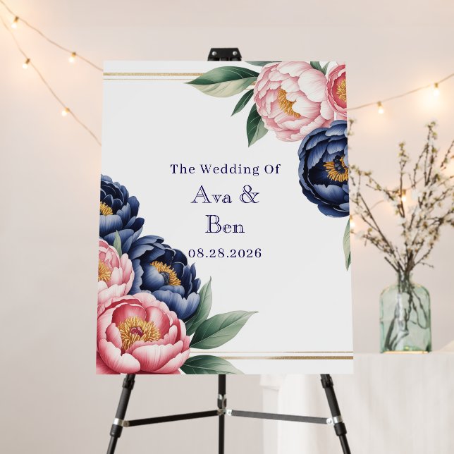 Blush and Navy Blue Wedding Welcome Sign (In Situ (Stand))
