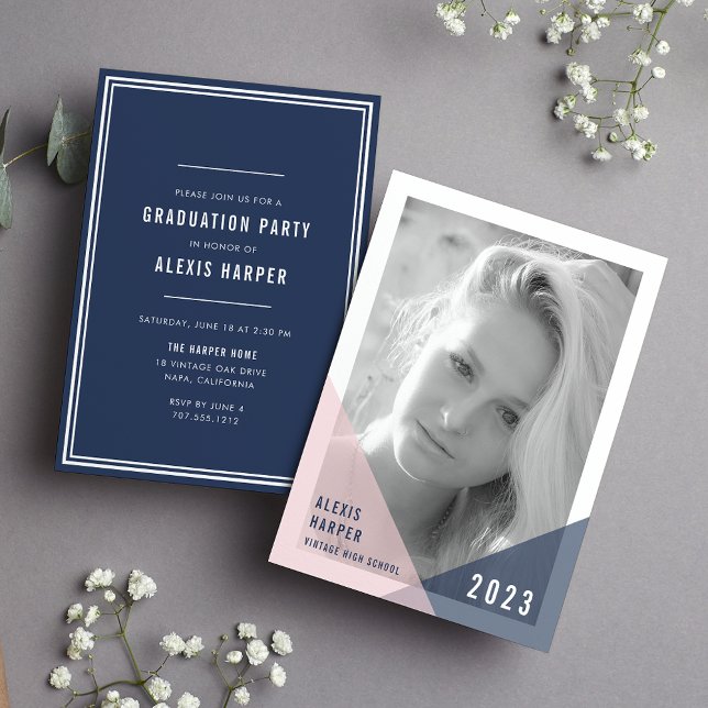 Blush and Navy Colorblock Photo Graduation Party Invitation (Creator Uploaded)