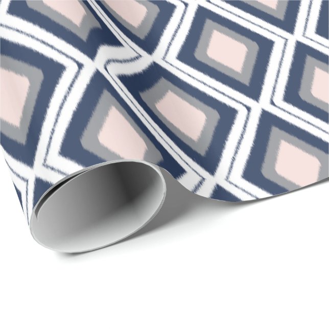 Blush and Navy Diamond Ikat Pattern Wrapping Paper (Roll Corner)