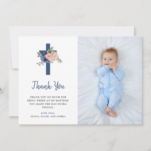 Blush and Navy Floral and Cross  Photo Baptism Thank You Card