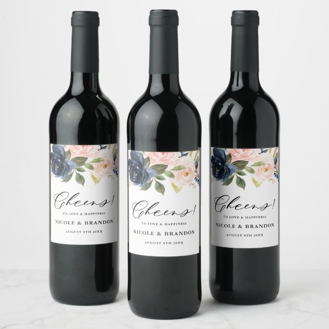 Blush and Navy Floral Bouquet Cheers Wedding Wine Label (Bottles)