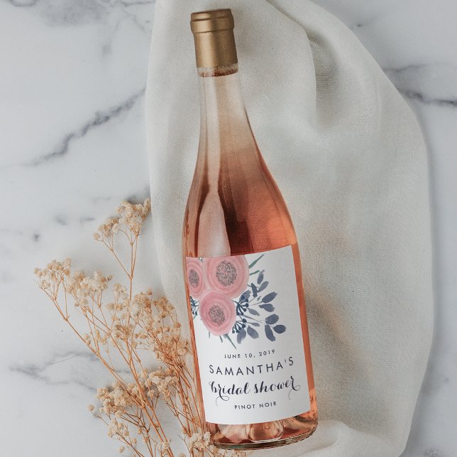 Blush and Navy Floral Bridal Shower Wine Labels (Creator Uploaded)