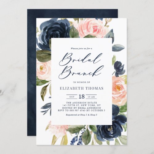 Blush and Navy Floral Frame Fall Bridal Brunch Invitation