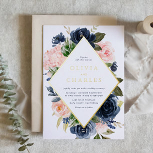 Blush and Navy Floral Frame QR Code Wedding Foil Invitation