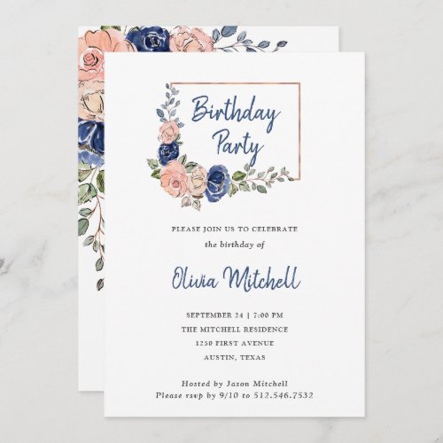 Blush and Navy Floral Geometric  Birthday Party Invitation