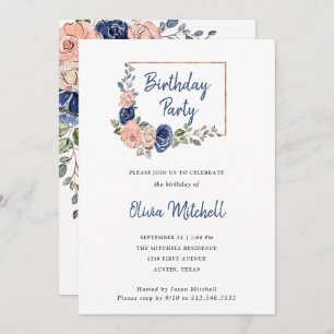 Blush and Navy Floral Geometric Birthday Party Invitation