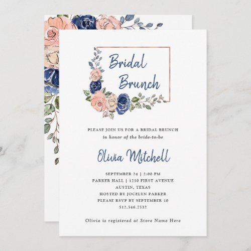 Blush and Navy Floral Geometric  Bridal Brunch Invitation