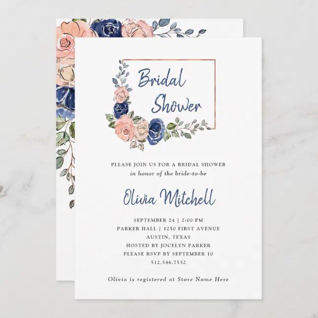 Blush And Navy Floral Geometric Bridal Shower Invitation Zazzle 9423