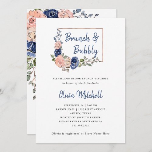 Blush and Navy Floral Geometric Brunch and Bubbly Invitation