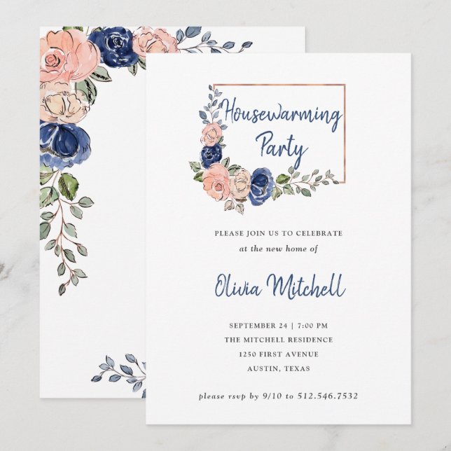 Blush and Navy Floral Geometric Housewarming Party Invitation (Front/Back)